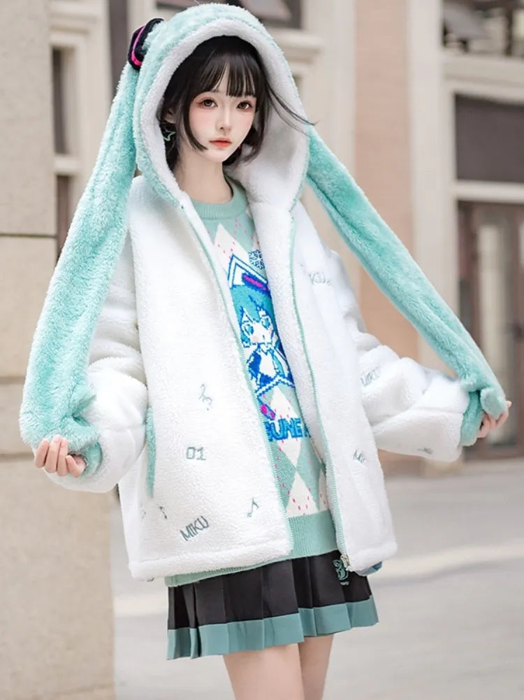 Hatsune Miku Ponytails Hood White Fleece Jacket LuxeCosplay