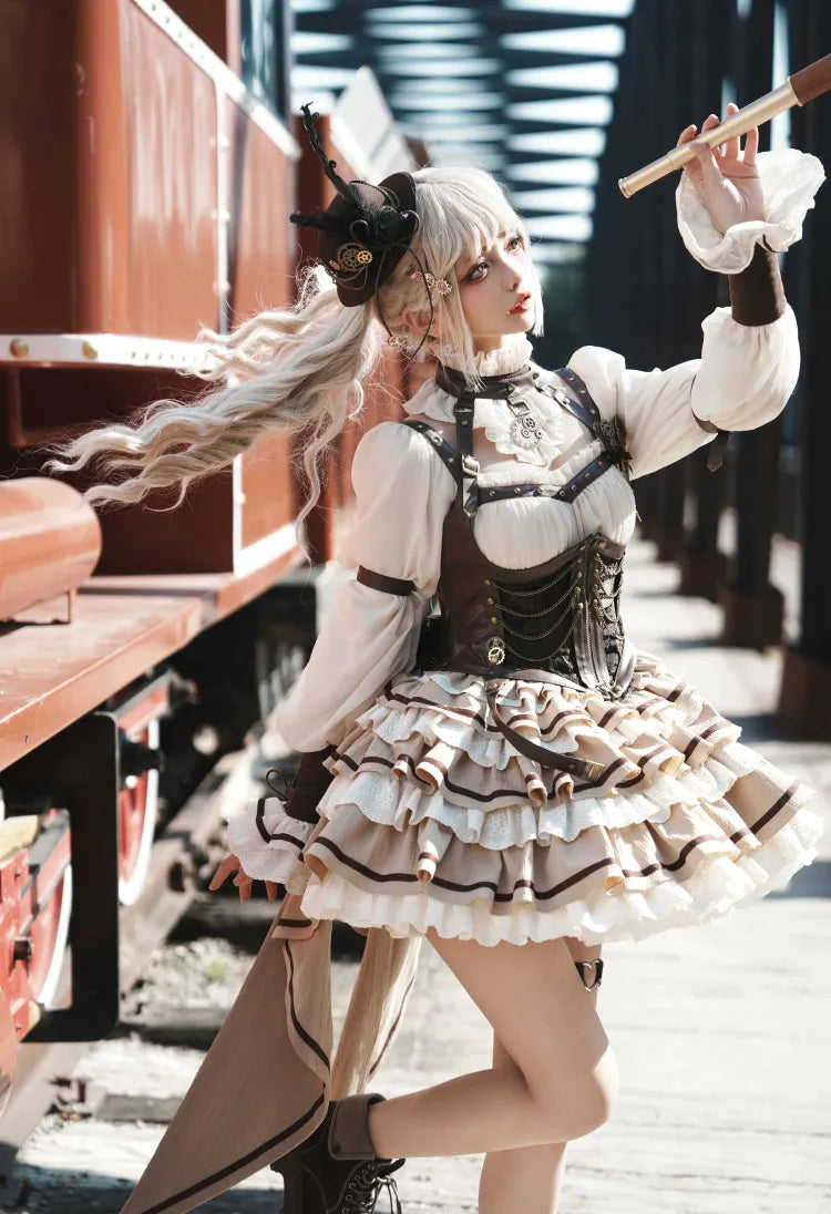 Corset Waist Steampunk Lolita Tiered Ruffles One Piece Beige and Brown LuxeCosplay