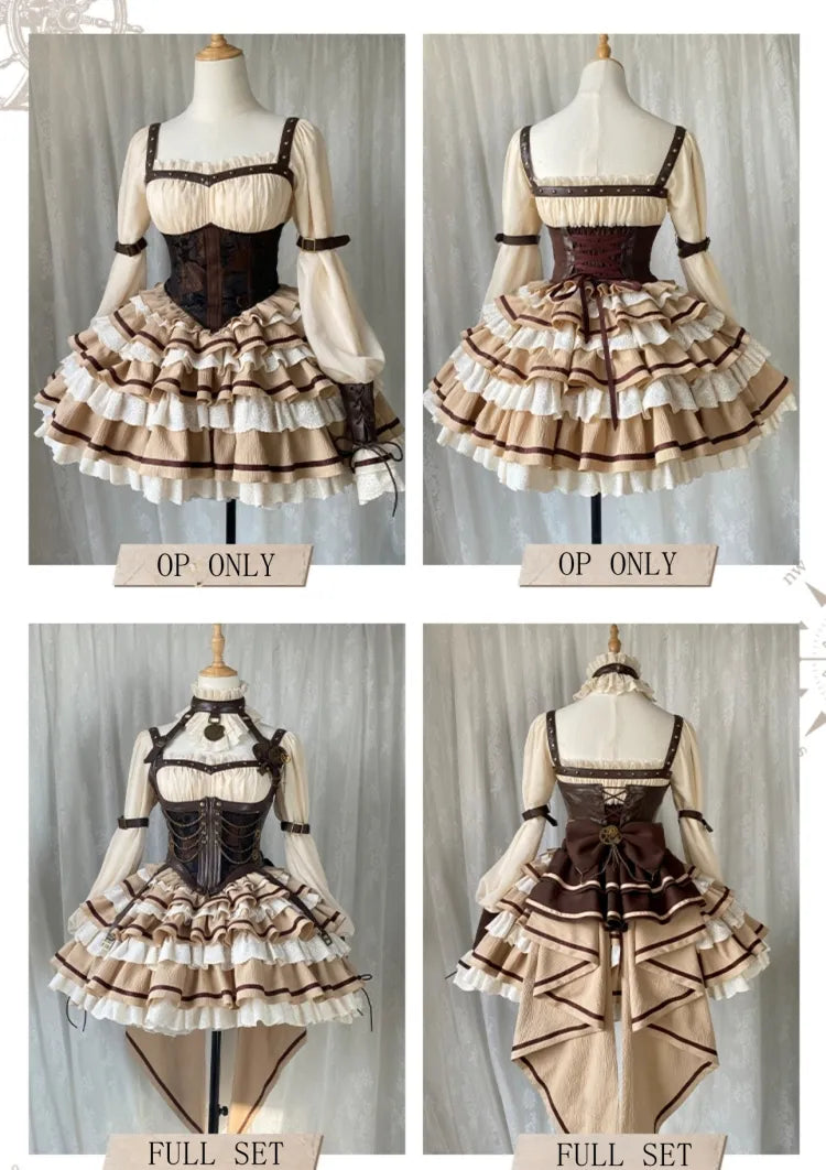 Corset Waist Steampunk Lolita Tiered Ruffles One Piece Beige and Brown