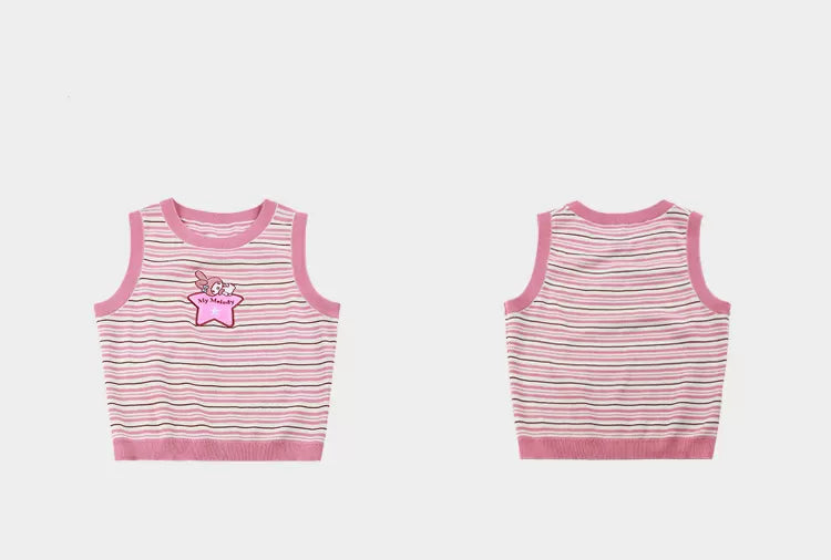 My Melody Star Applique Striped Pattern Pink Tank Top